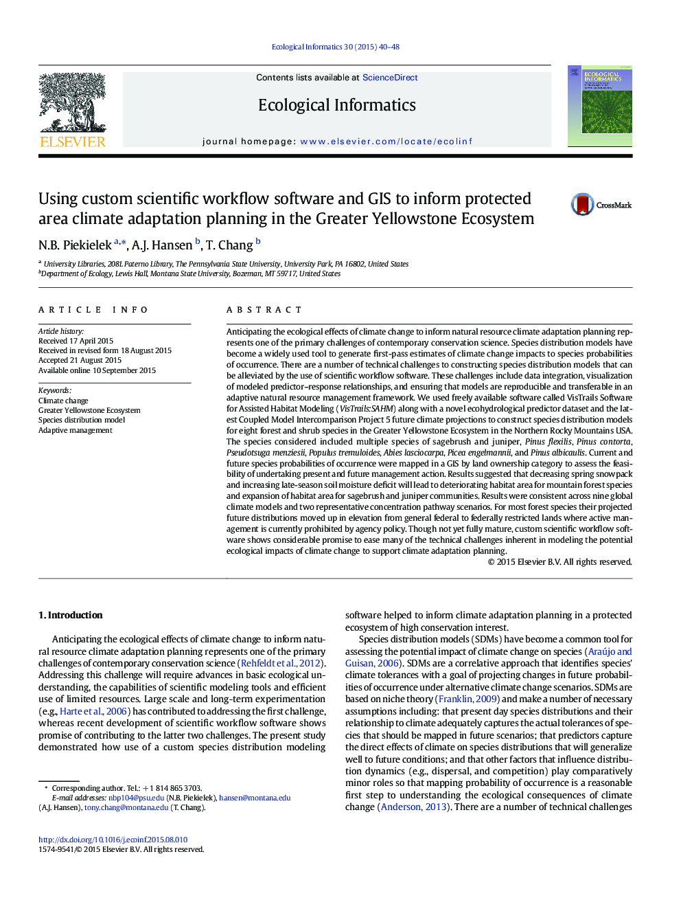 Using custom scientific workflow software and GIS to inform protected area climate adaptation planning in the Greater Yellowstone Ecosystem