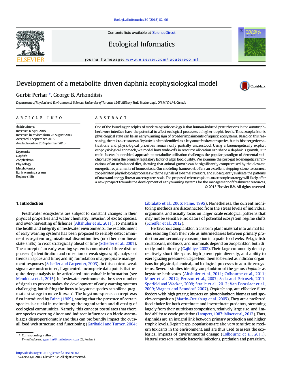 توسعه یک مدل اکوفیزیولوژی متشکله متابولیتی مبتنی بر دافنیا 