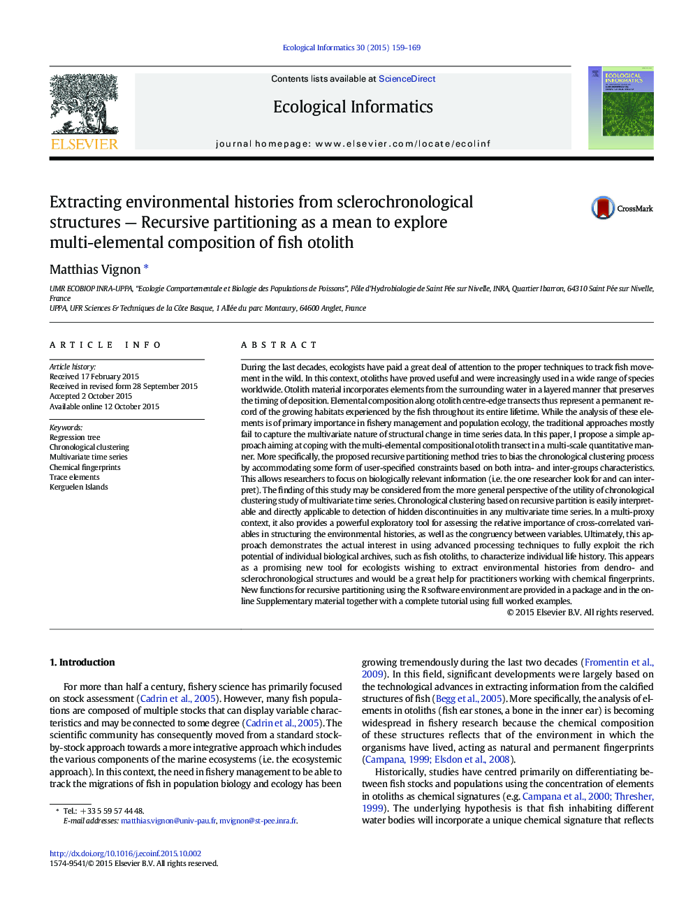 Extracting environmental histories from sclerochronological structures - Recursive partitioning as a mean to explore multi-elemental composition of fish otolith