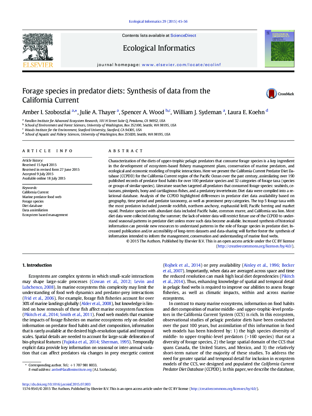 Forage species in predator diets: Synthesis of data from the California Current