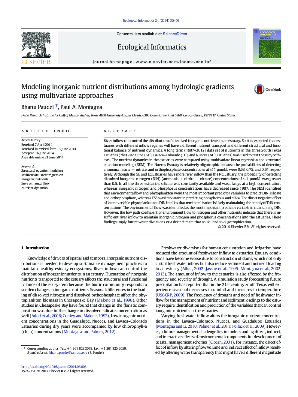 Modeling inorganic nutrient distributions among hydrologic gradients using multivariate approaches