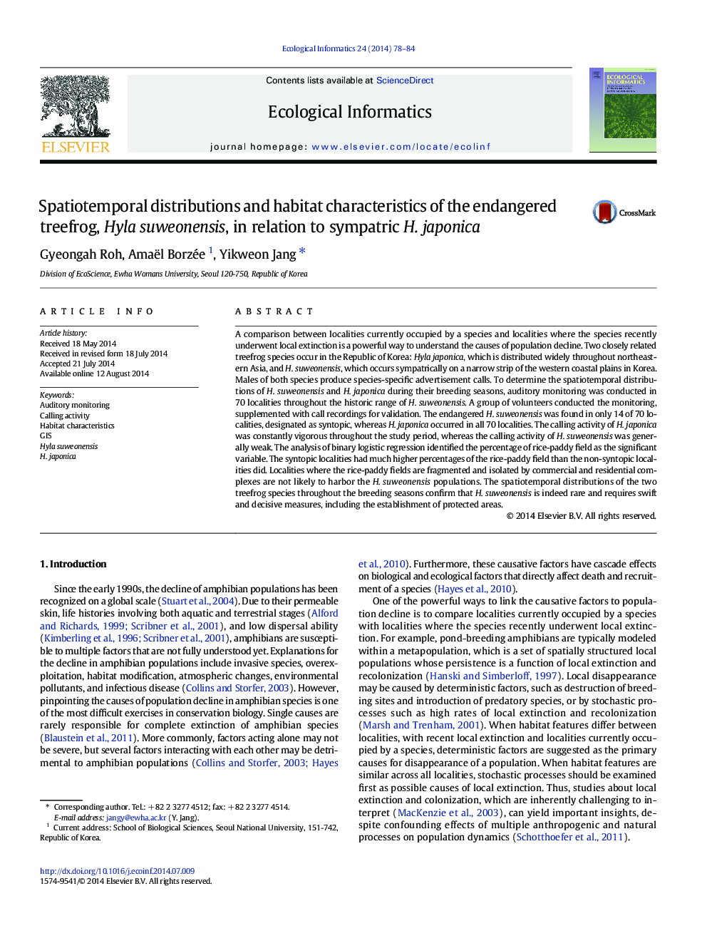 Spatiotemporal distributions and habitat characteristics of the endangered treefrog, Hyla suweonensis, in relation to sympatric H. japonica