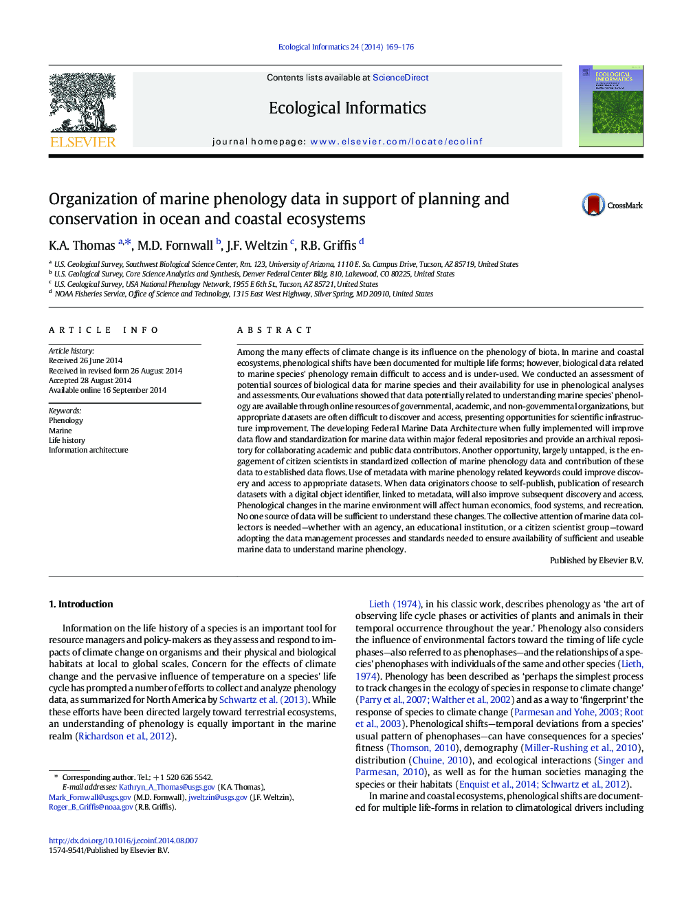 Organization of marine phenology data in support of planning and conservation in ocean and coastal ecosystems