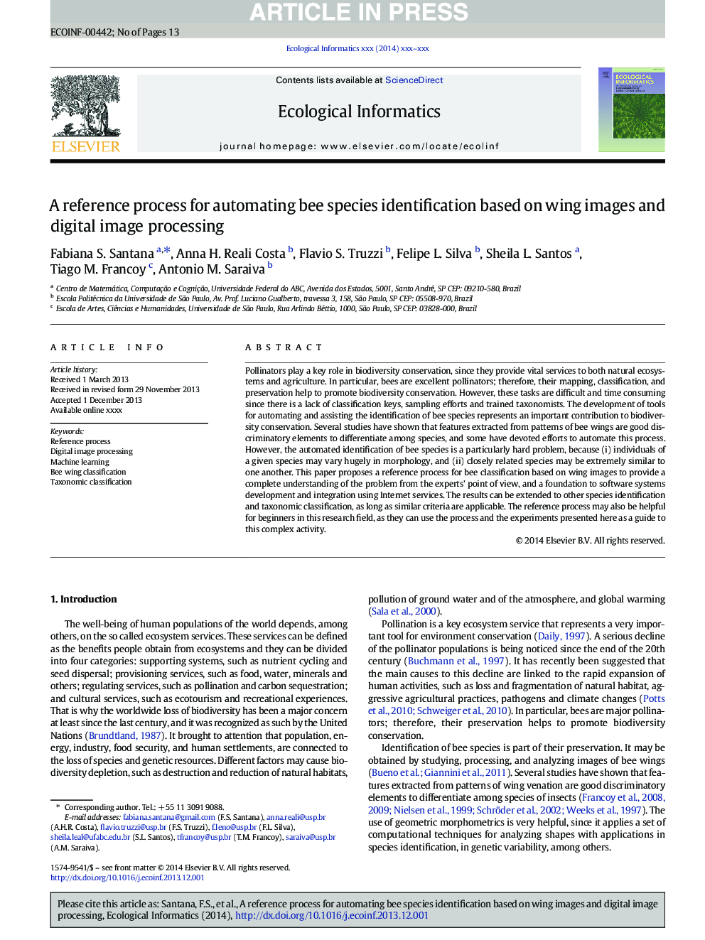 A reference process for automating bee species identification based on wing images and digital image processing