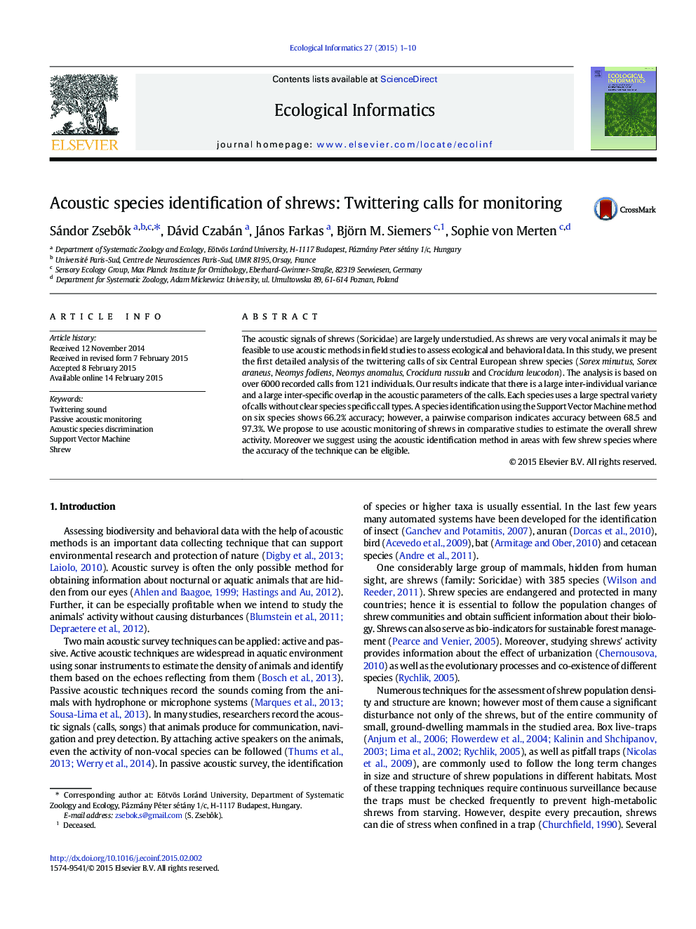 Acoustic species identification of shrews: Twittering calls for monitoring