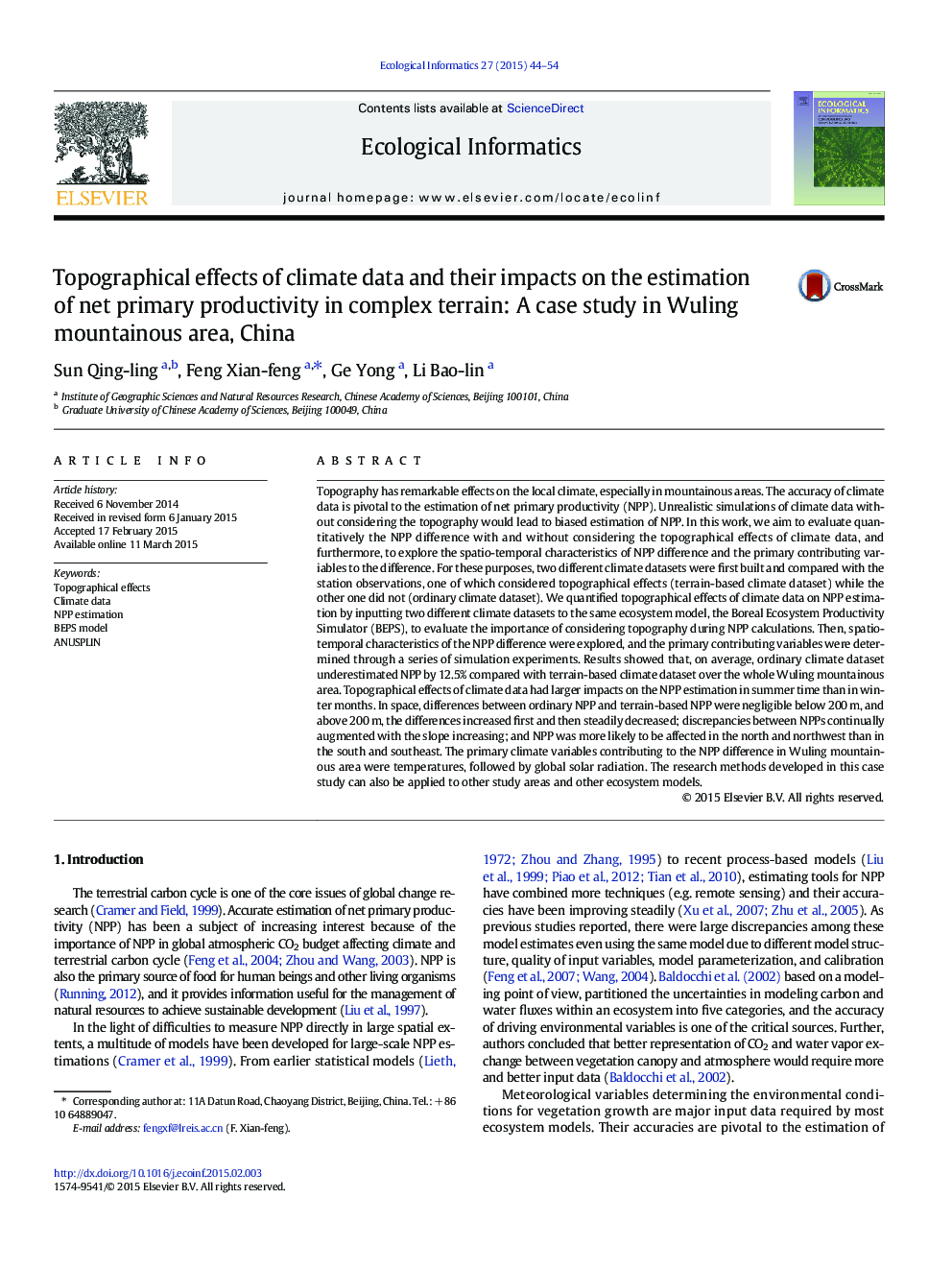 Topographical effects of climate data and their impacts on the estimation of net primary productivity in complex terrain: A case study in Wuling mountainous area, China