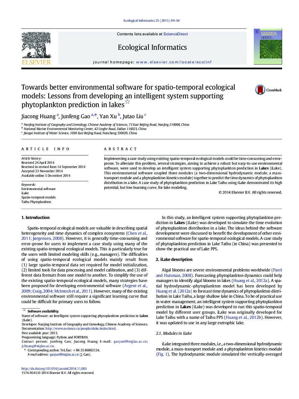 Towards better environmental software for spatio-temporal ecological models: Lessons from developing an intelligent system supporting phytoplankton prediction in lakes