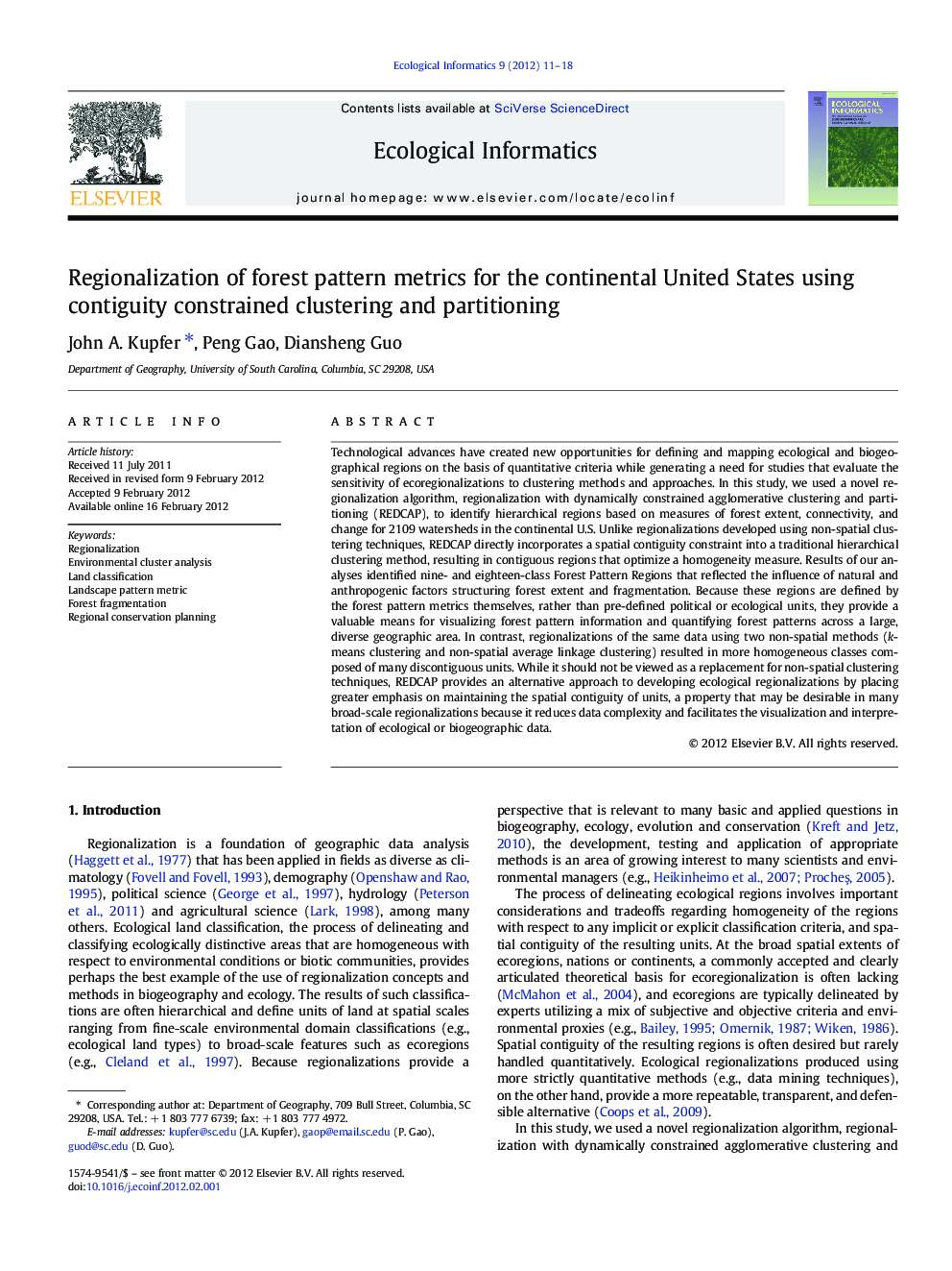 Regionalization of forest pattern metrics for the continental United States using contiguity constrained clustering and partitioning
