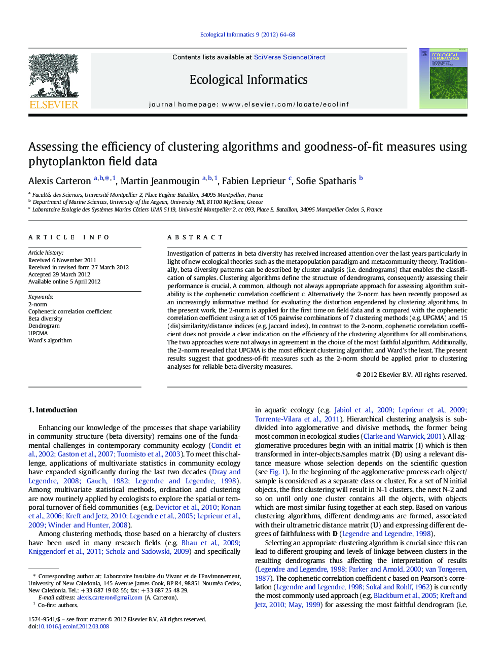 Assessing the efficiency of clustering algorithms and goodness-of-fit measures using phytoplankton field data