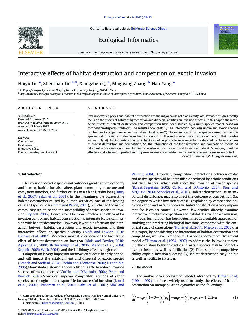 Interactive effects of habitat destruction and competition on exotic invasion