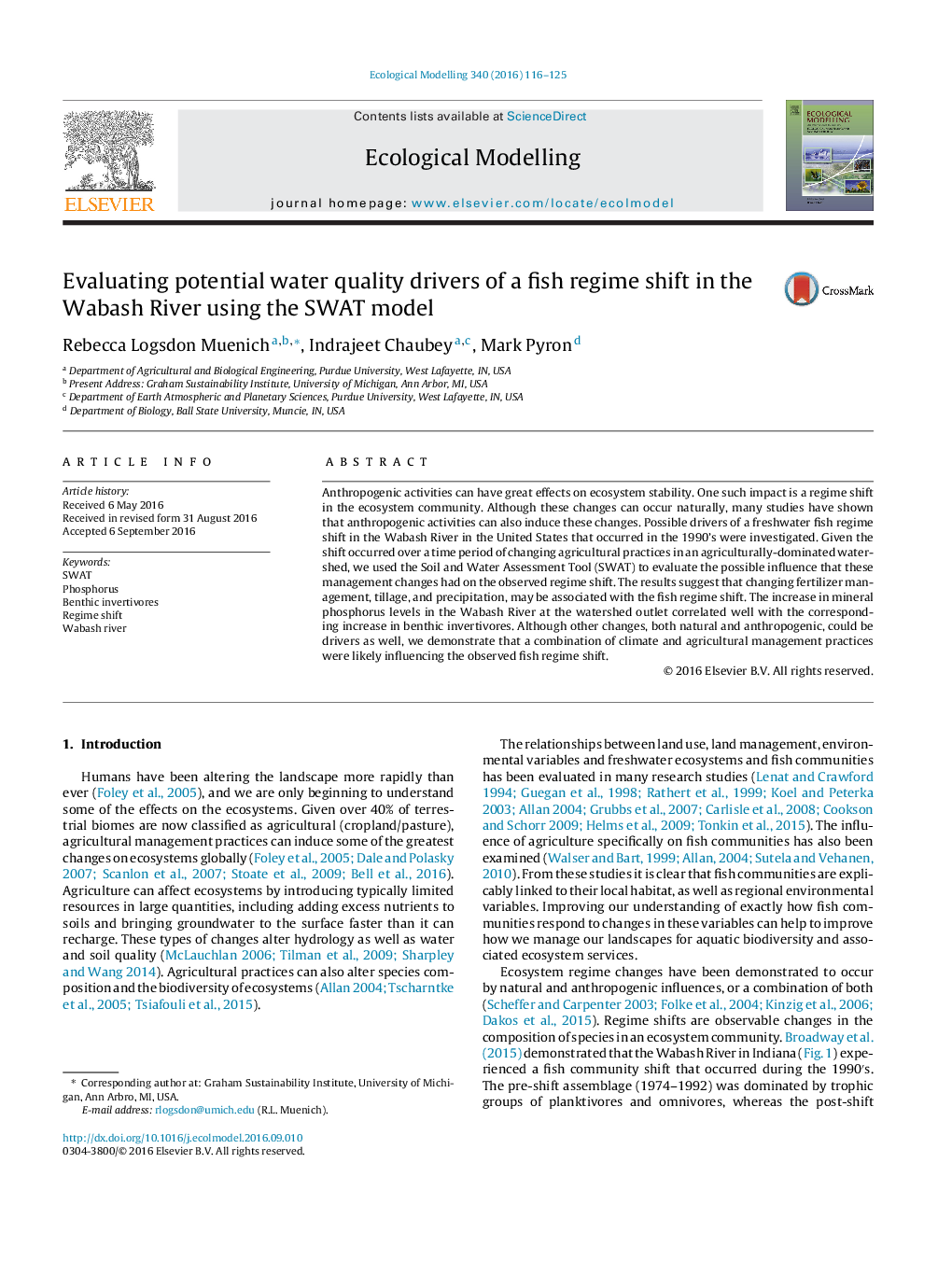 Evaluating potential water quality drivers of a fish regime shift in the Wabash River using the SWAT model