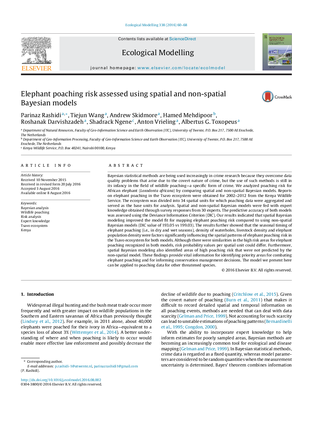 Elephant poaching risk assessed using spatial and non-spatial Bayesian models