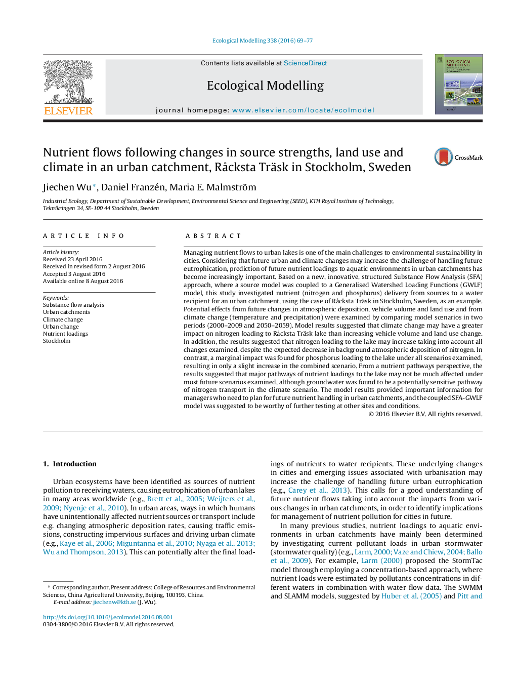 Nutrient flows following changes in source strengths, land use and climate in an urban catchment, RÃ¥cksta Träsk in Stockholm, Sweden