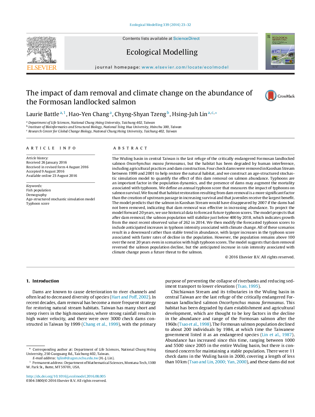 The impact of dam removal and climate change on the abundance of the Formosan landlocked salmon