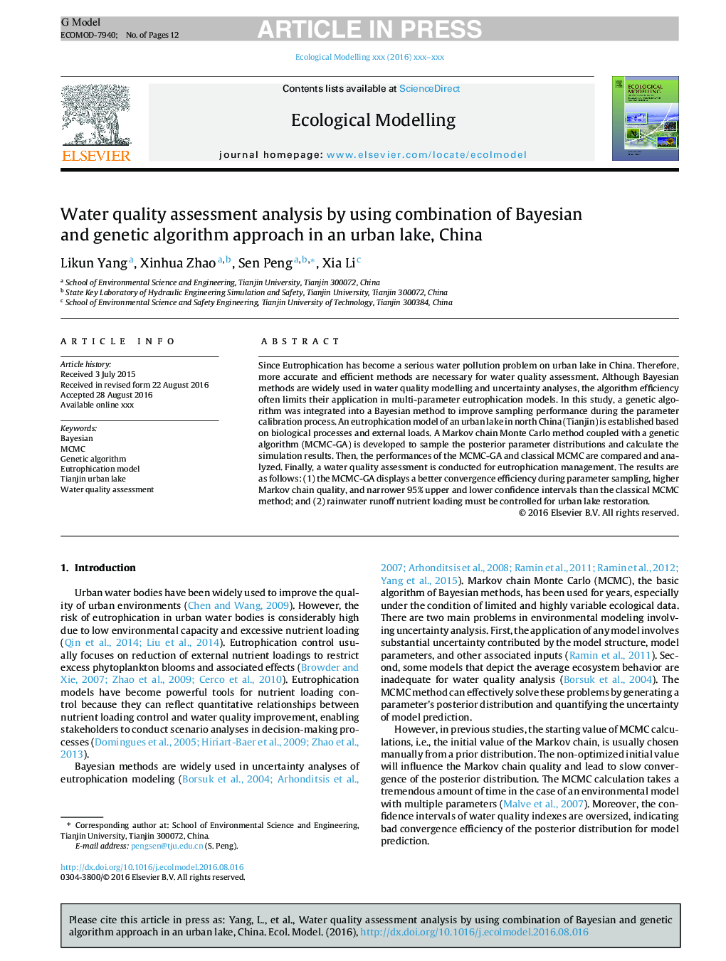 Water quality assessment analysis by using combination of Bayesian and genetic algorithm approach in an urban lake, China
