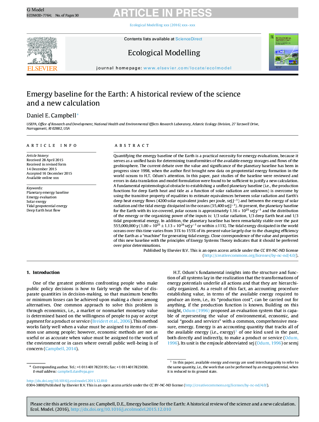 Emergy baseline for the Earth: A historical review of the science and a new calculation