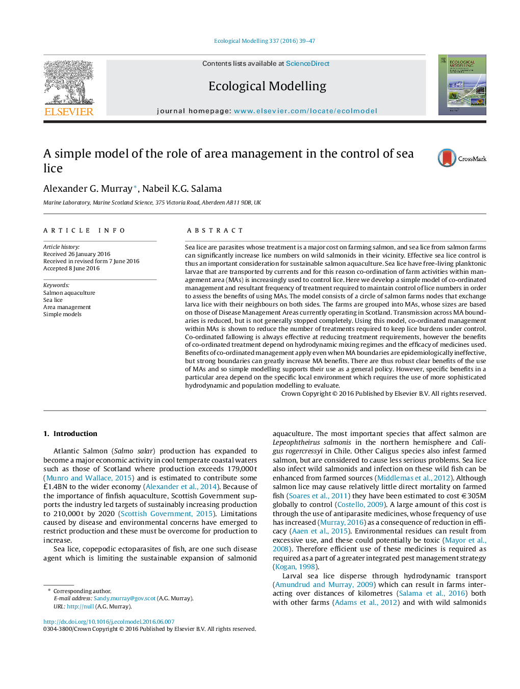 A simple model of the role of area management in the control of sea lice