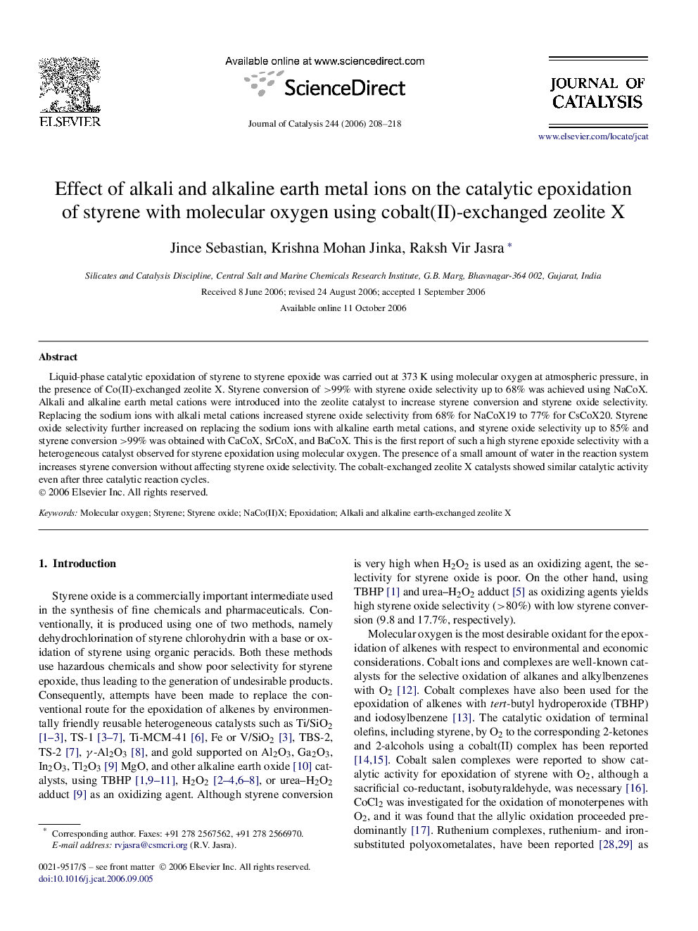 Effect of alkali and alkaline earth metal ions on the catalytic epoxidation of styrene with molecular oxygen using cobalt(II)-exchanged zeolite X