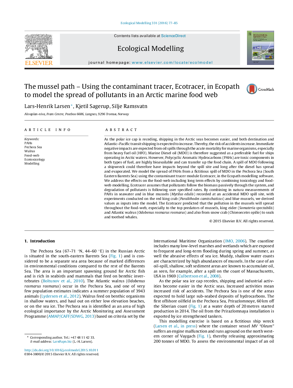 The mussel path - Using the contaminant tracer, Ecotracer, in Ecopath to model the spread of pollutants in an Arctic marine food web