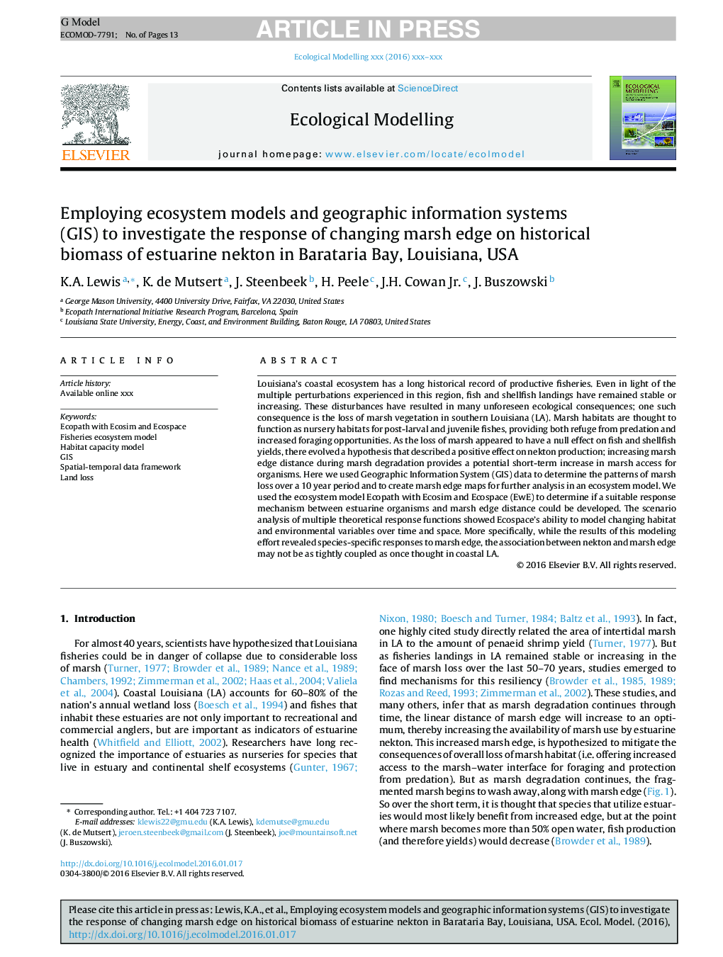 Employing ecosystem models and geographic information systems (GIS) to investigate the response of changing marsh edge on historical biomass of estuarine nekton in Barataria Bay, Louisiana, USA