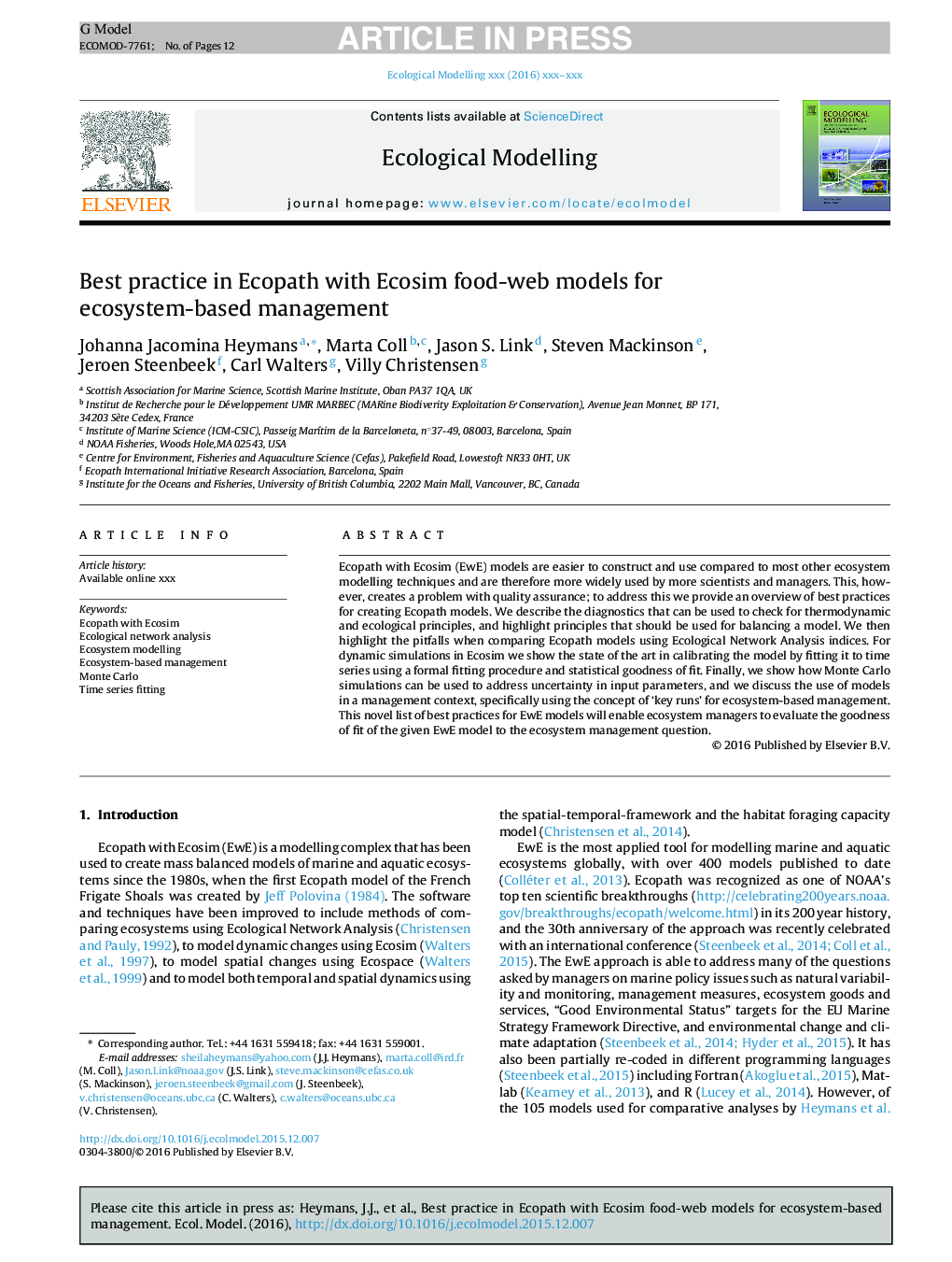 Best practice in Ecopath with Ecosim food-web models for ecosystem-based management