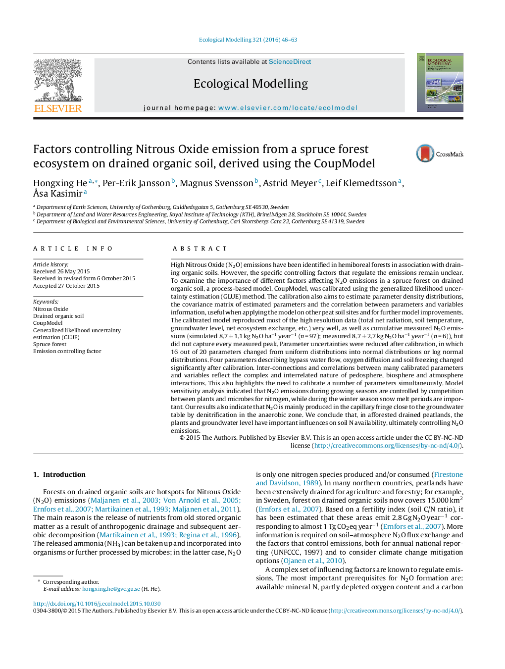 Factors controlling Nitrous Oxide emission from a spruce forest ecosystem on drained organic soil, derived using the CoupModel