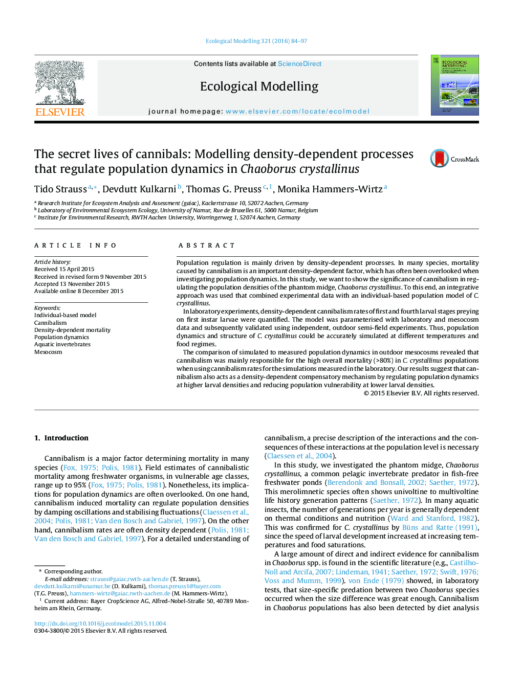 The secret lives of cannibals: Modelling density-dependent processes that regulate population dynamics in Chaoborus crystallinus