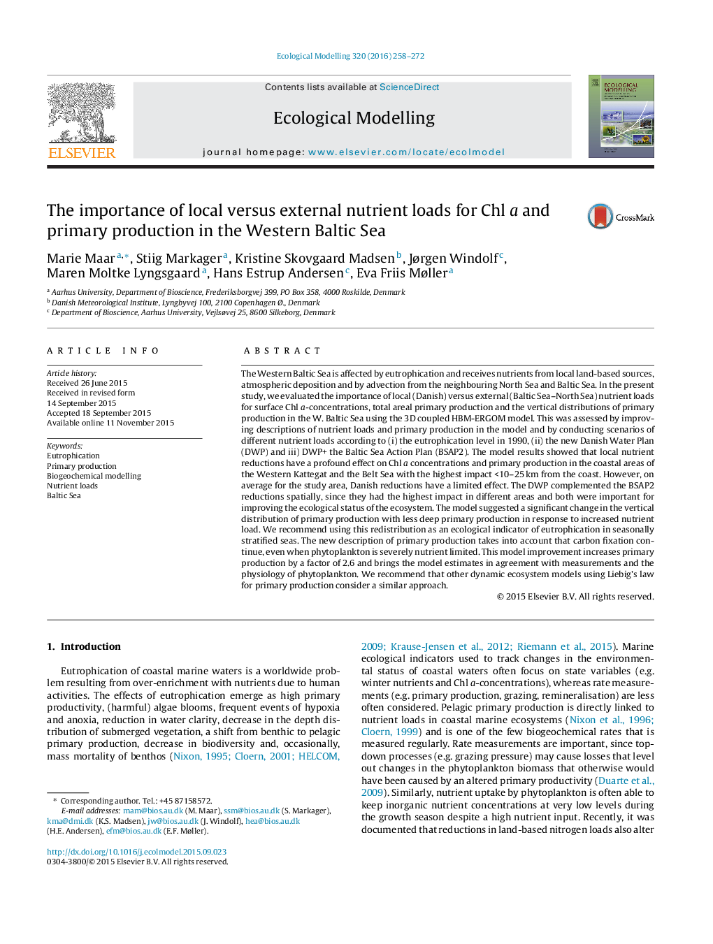 The importance of local versus external nutrient loads for Chl a and primary production in the Western Baltic Sea