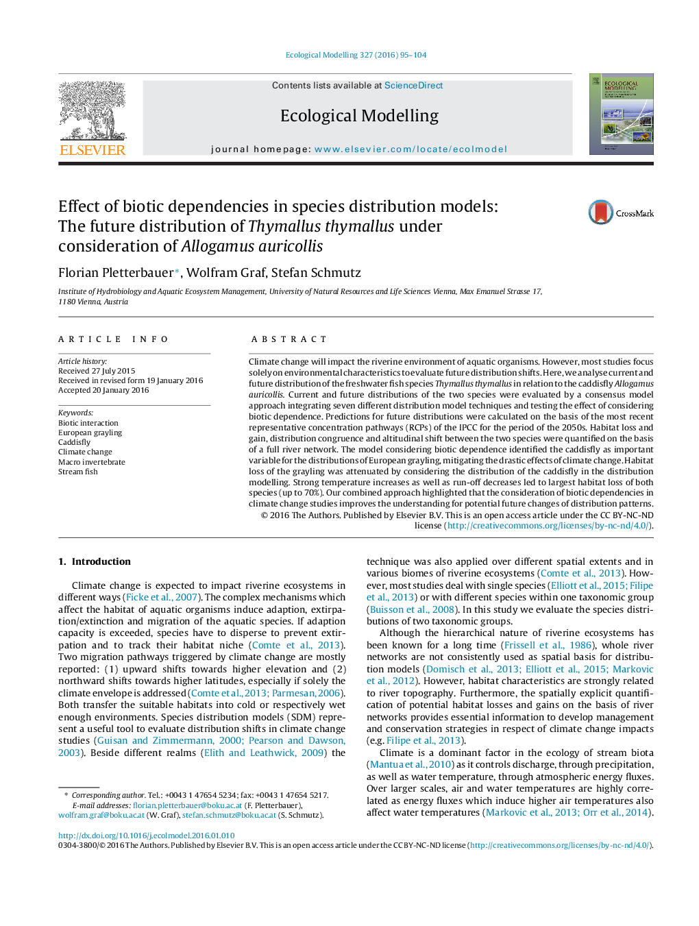 Effect of biotic dependencies in species distribution models: The future distribution of Thymallus thymallus under consideration of Allogamus auricollis