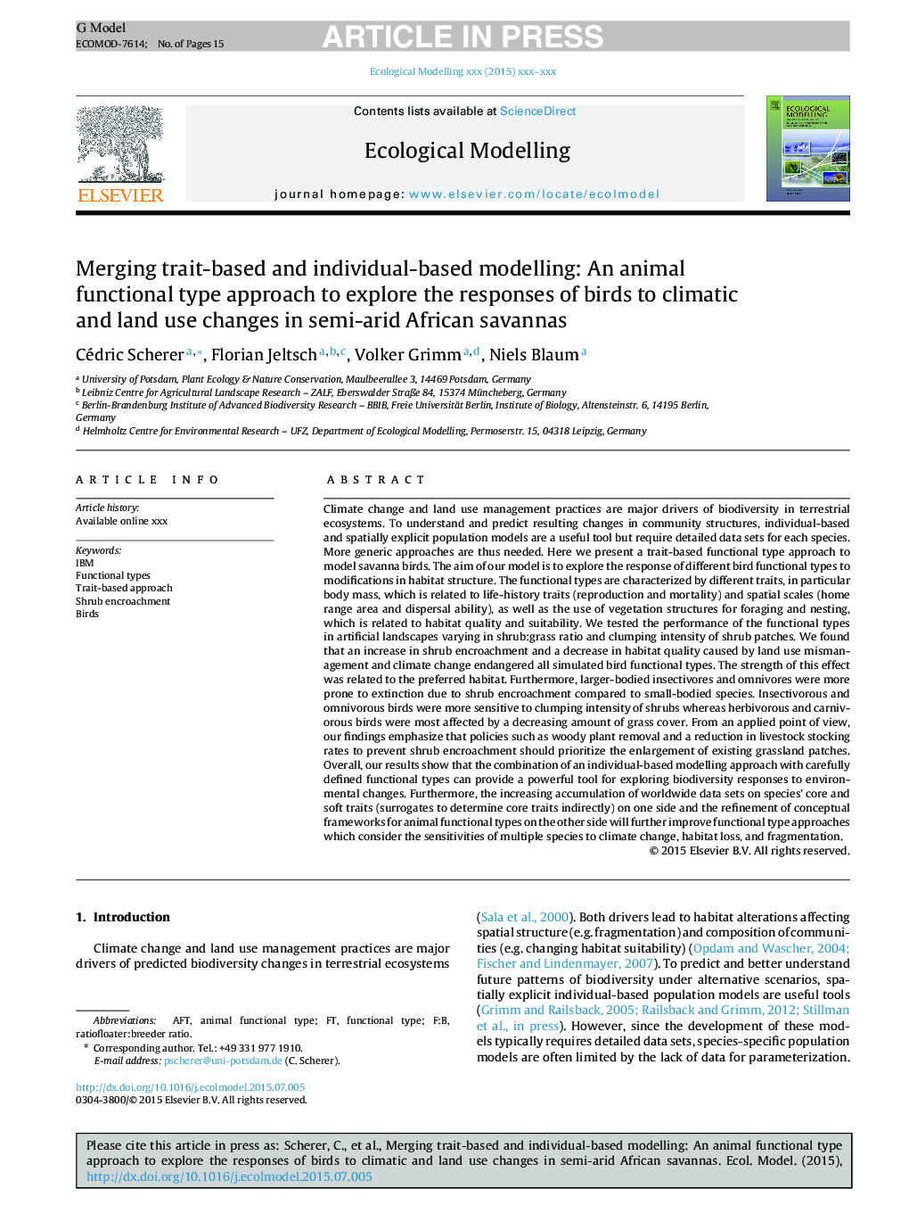 Merging trait-based and individual-based modelling: An animal functional type approach to explore the responses of birds to climatic and land use changes in semi-arid African savannas