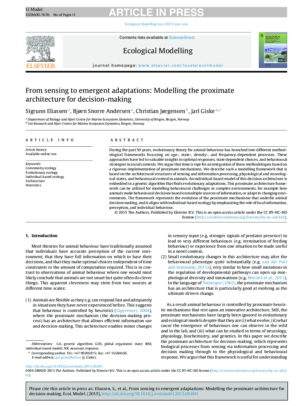 From sensing to emergent adaptations: Modelling the proximate architecture for decision-making