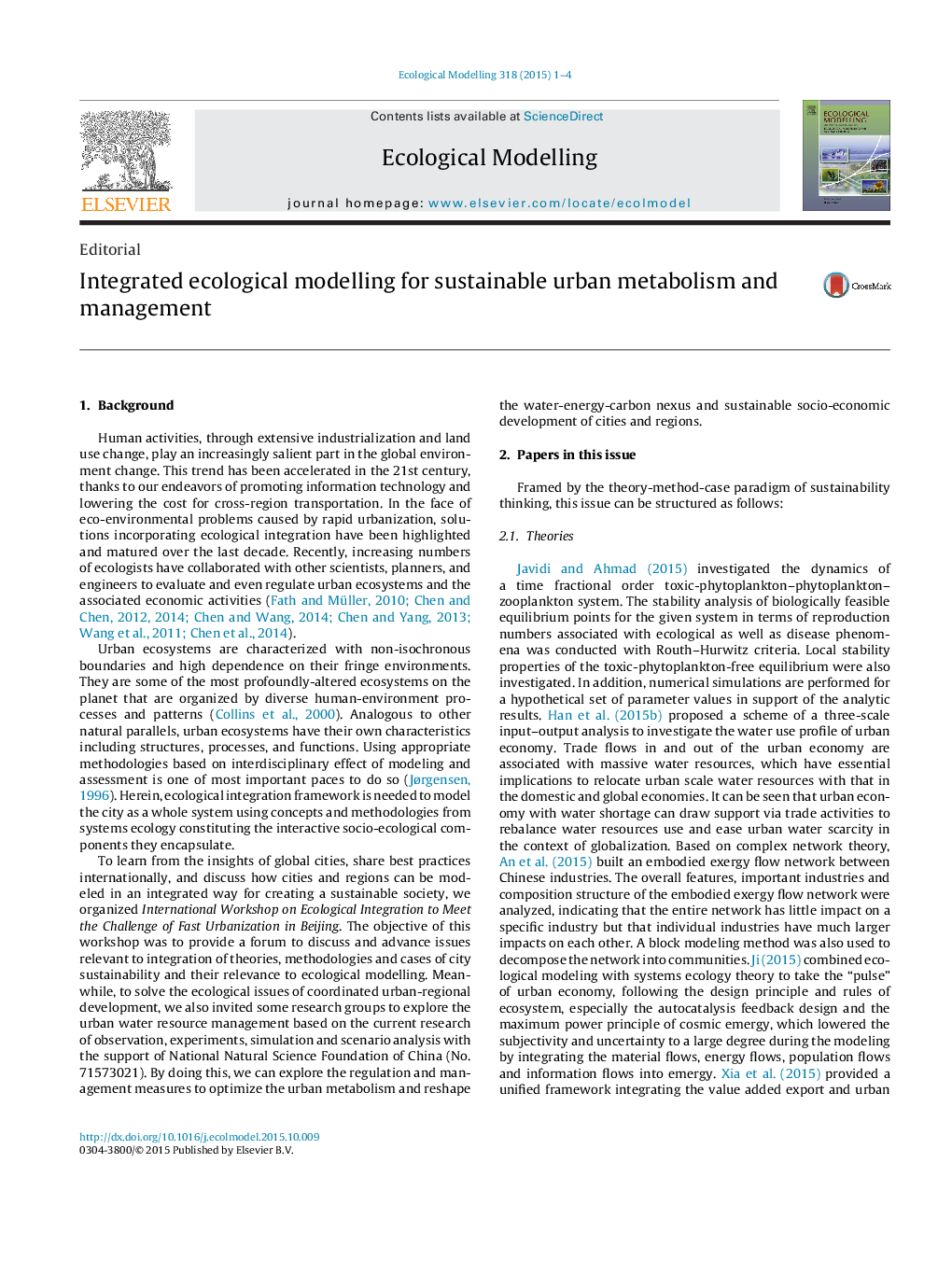 Integrated ecological modelling for sustainable urban metabolism and management