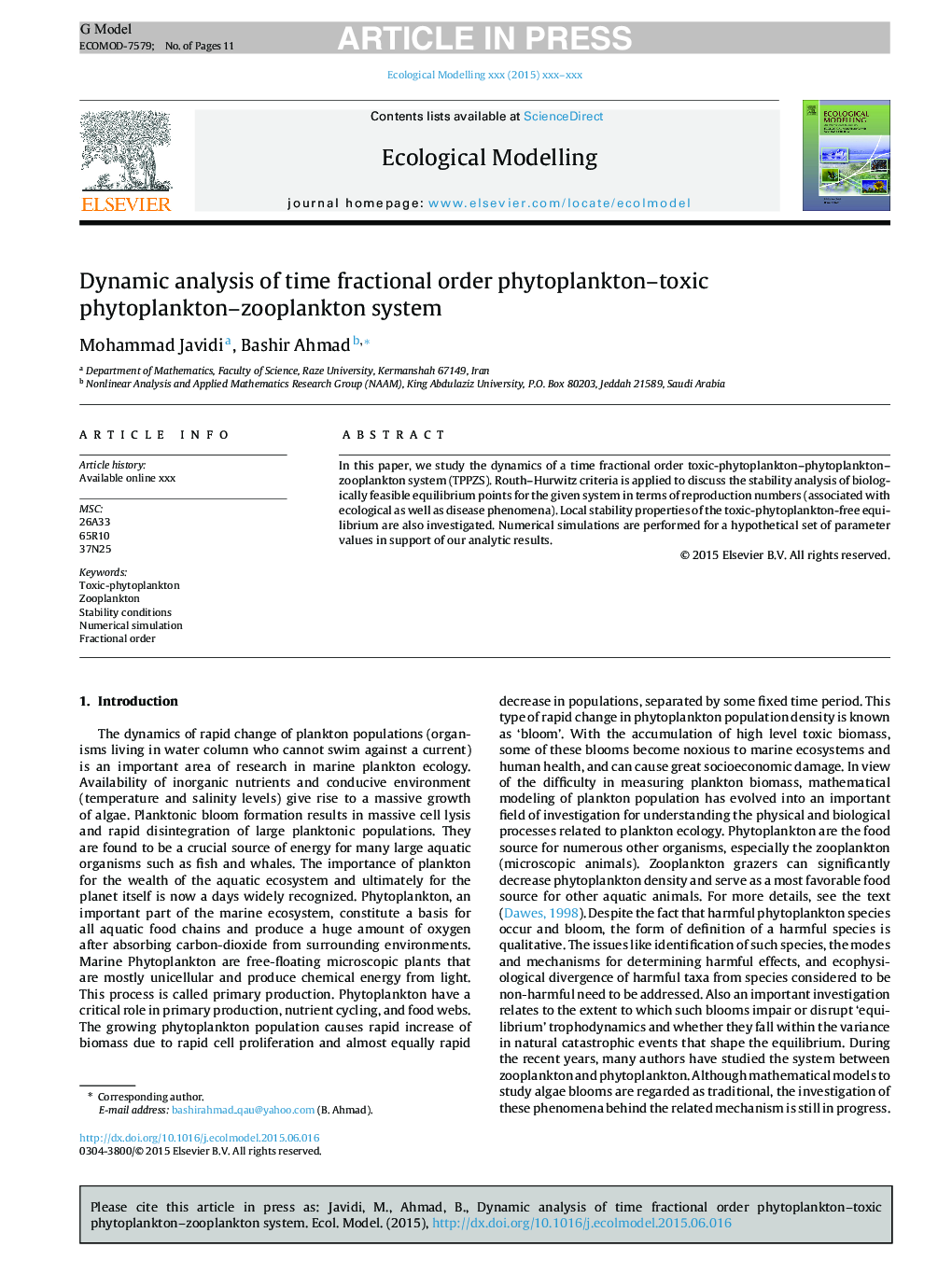 Dynamic analysis of time fractional order phytoplankton-toxic phytoplankton-zooplankton system