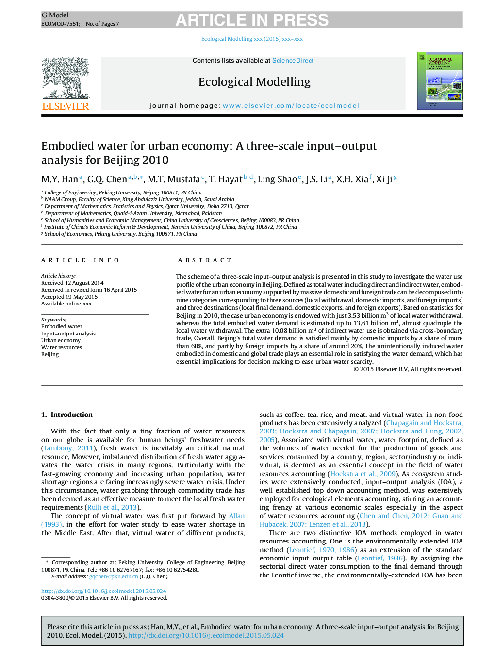 Embodied water for urban economy: A three-scale input-output analysis for Beijing 2010