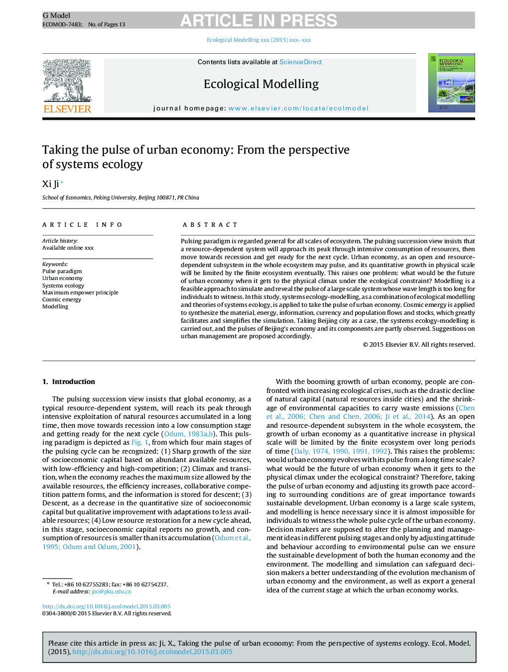 Taking the pulse of urban economy: From the perspective of systems ecology