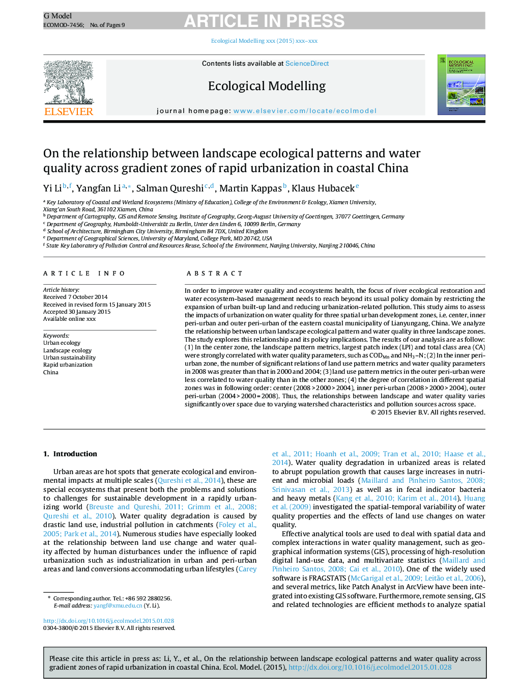 در رابطه بین الگوهای اکولوژیکی چشم انداز و کیفیت آب در میان مناطق گرانشی از شهرت سریع در چین ساحلی 