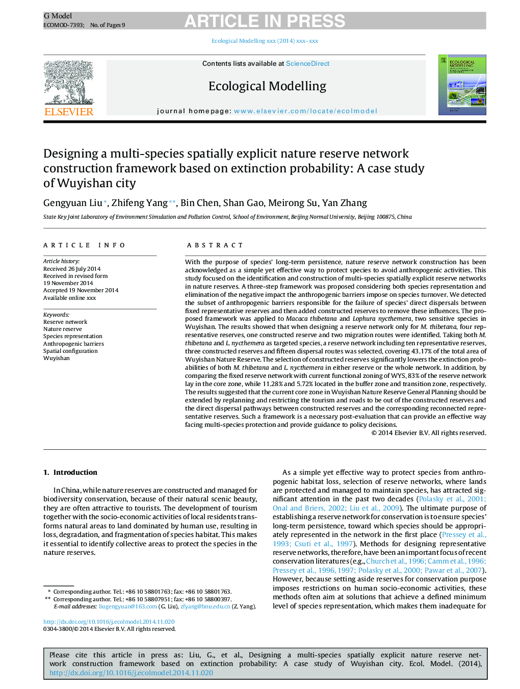 Designing a multi-species spatially explicit nature reserve network construction framework based on extinction probability: A case study of Wuyishan city