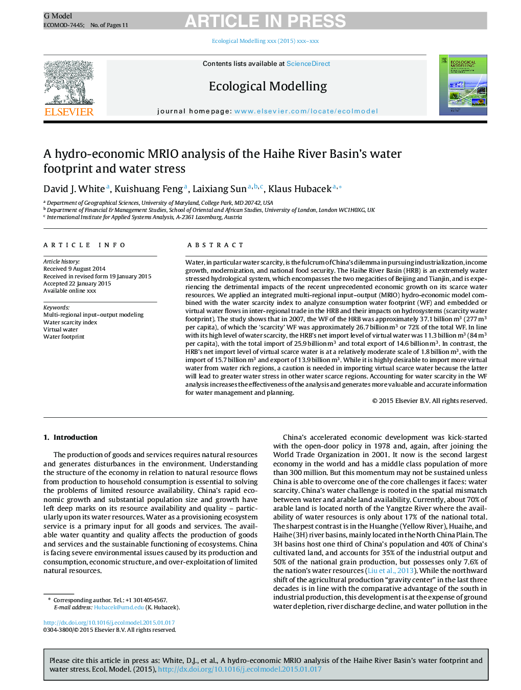 A hydro-economic MRIO analysis of the Haihe River Basin's water footprint and water stress