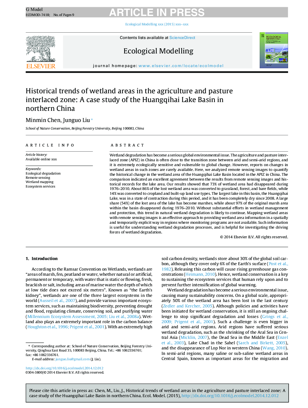 Historical trends of wetland areas in the agriculture and pasture interlaced zone: A case study of the Huangqihai Lake Basin in northern China