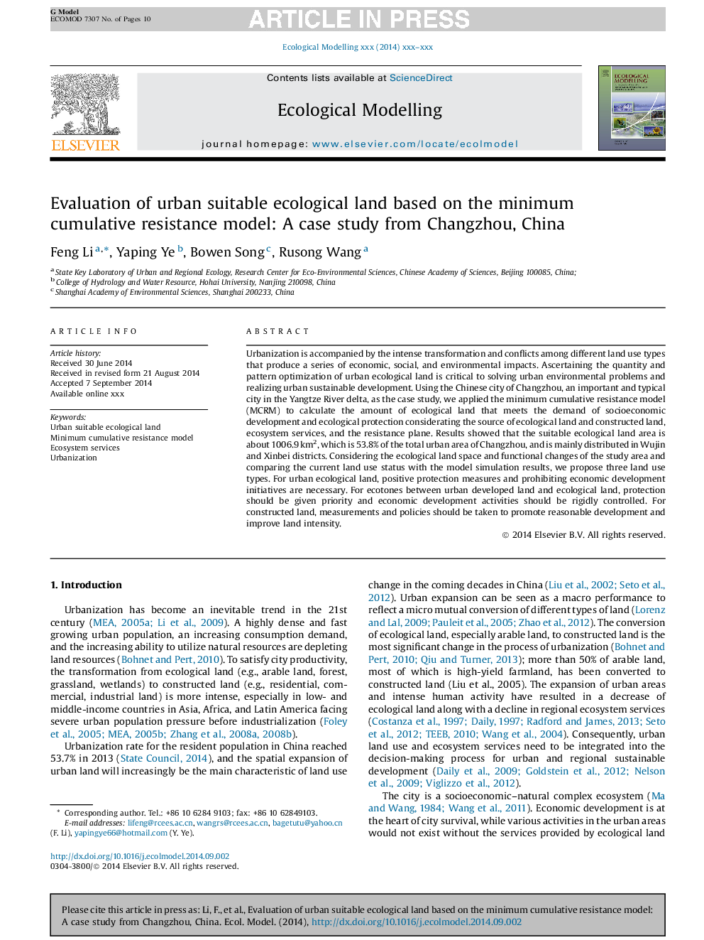 Evaluation of urban suitable ecological land based on the minimum cumulative resistance model: A case study from Changzhou, China