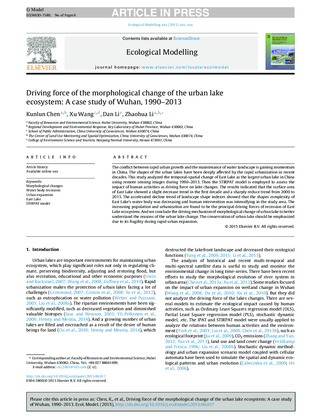 Driving force of the morphological change of the urban lake ecosystem: A case study of Wuhan, 1990-2013