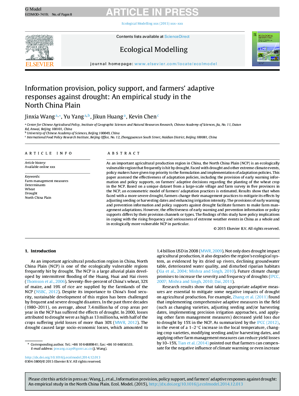 Information provision, policy support, and farmers' adaptive responses against drought: An empirical study in the North China Plain