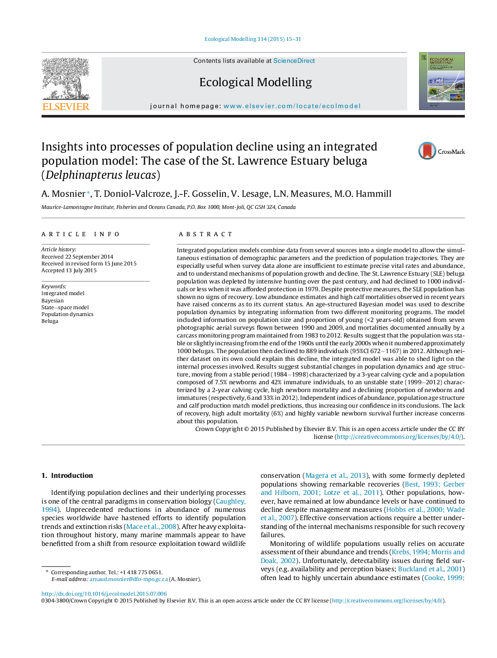 Insights into processes of population decline using an integrated population model: The case of the St. Lawrence Estuary beluga (Delphinapterus leucas)