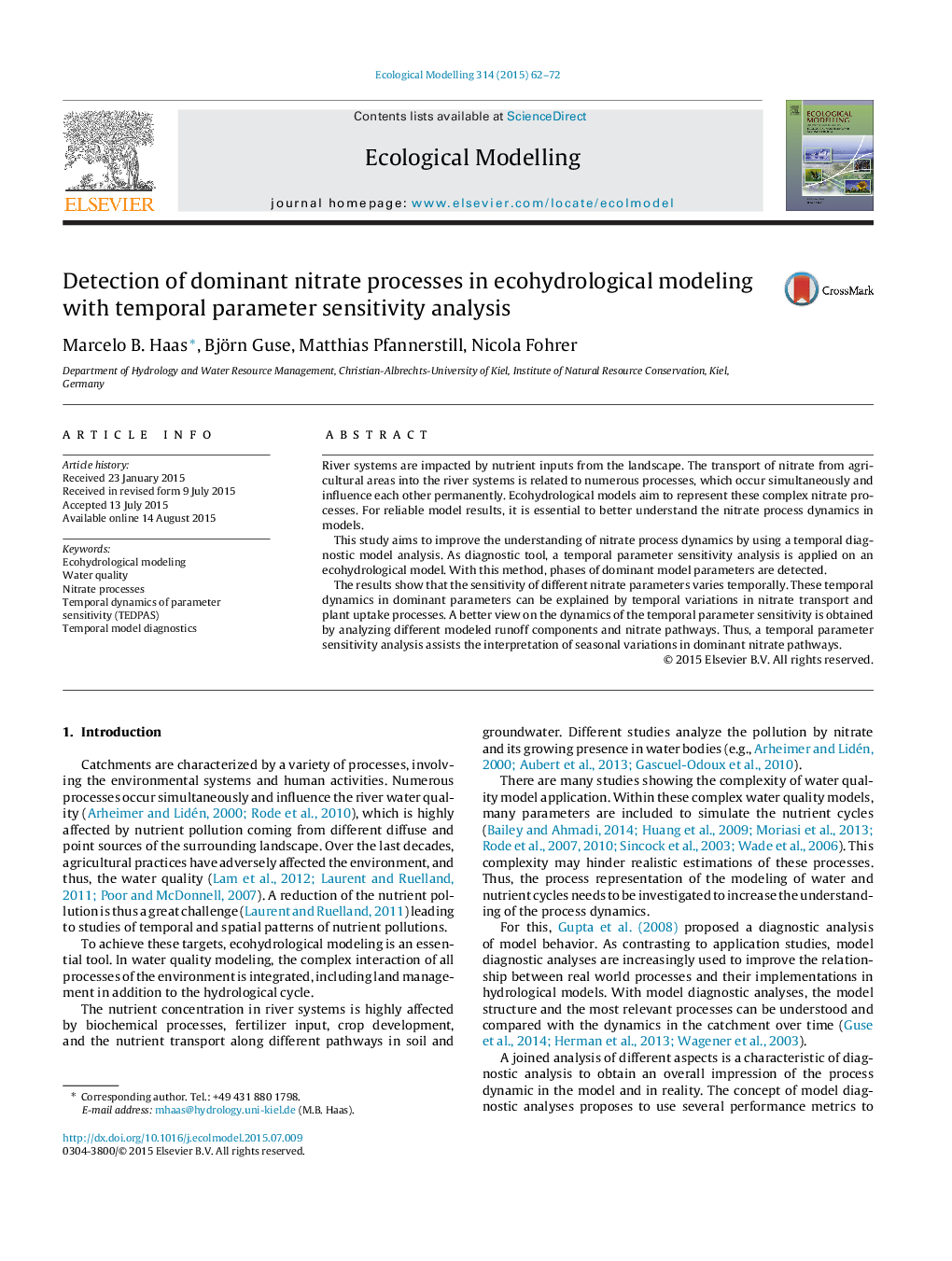 Detection of dominant nitrate processes in ecohydrological modeling with temporal parameter sensitivity analysis