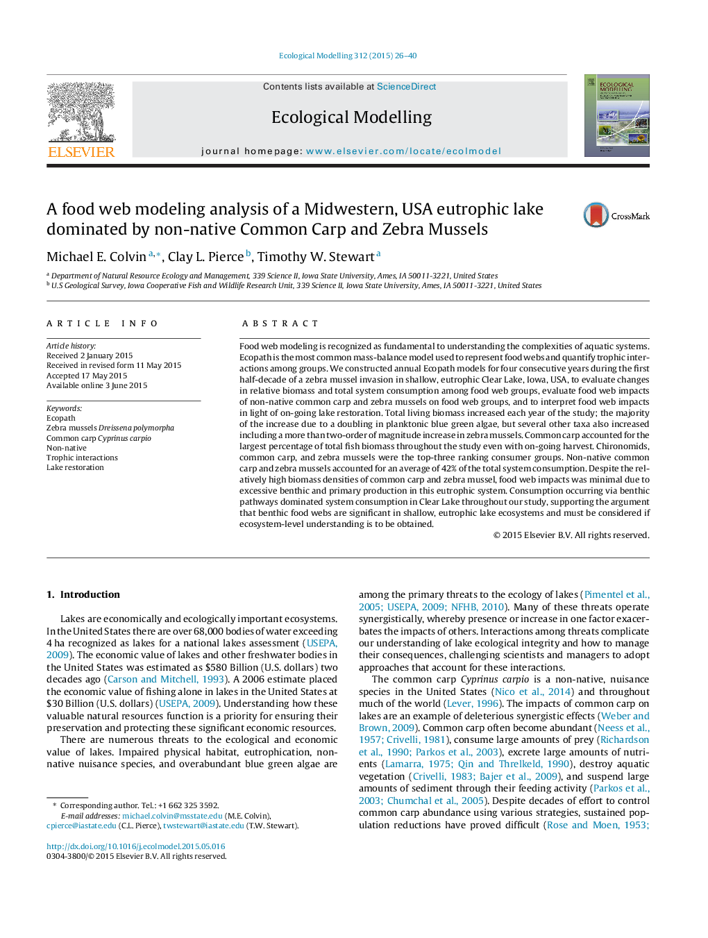 تجزیه و تحلیل وب مدل سازی مواد غذایی از یک دریاچه یونجه در غرب غرب، ایالات متحده تحت سلطه کپور معمولی غیر مادری و صدف گورخر 