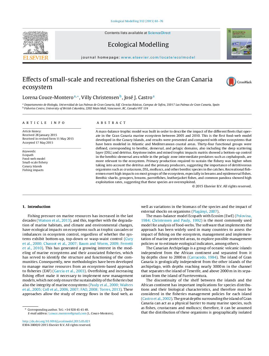 Effects of small-scale and recreational fisheries on the Gran Canaria ecosystem