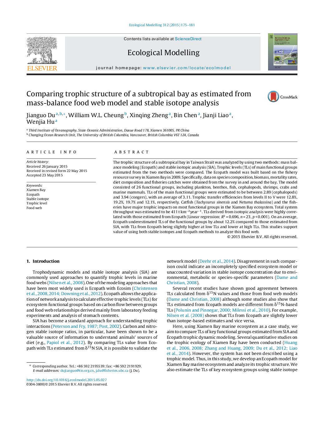 Comparing trophic structure of a subtropical bay as estimated from mass-balance food web model and stable isotope analysis