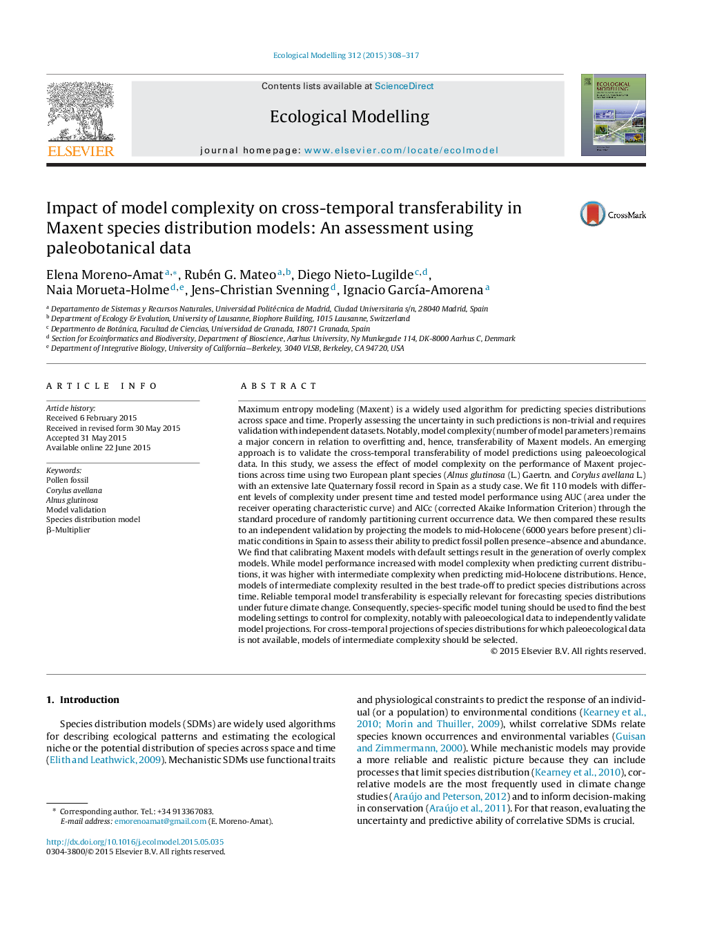 تاثیر پیچیدگی مدل در انتقال متقابل زمان در مدل های توزیع گونه های حداکثر: ارزیابی با استفاده از داده های پائئوبوتانیک 