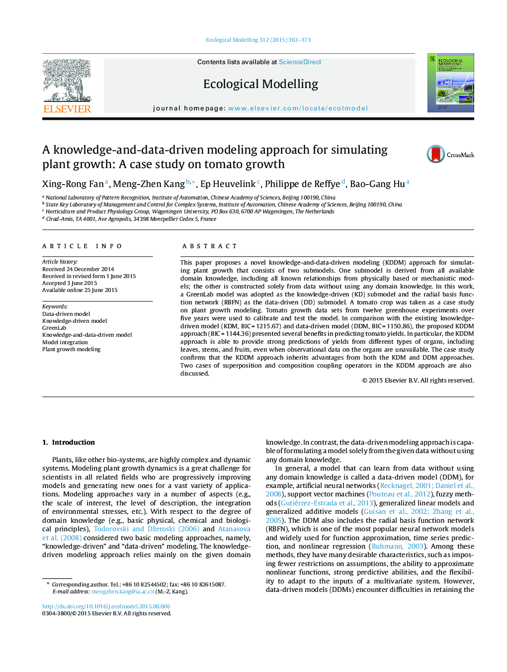 A knowledge-and-data-driven modeling approach for simulating plant growth: A case study on tomato growth