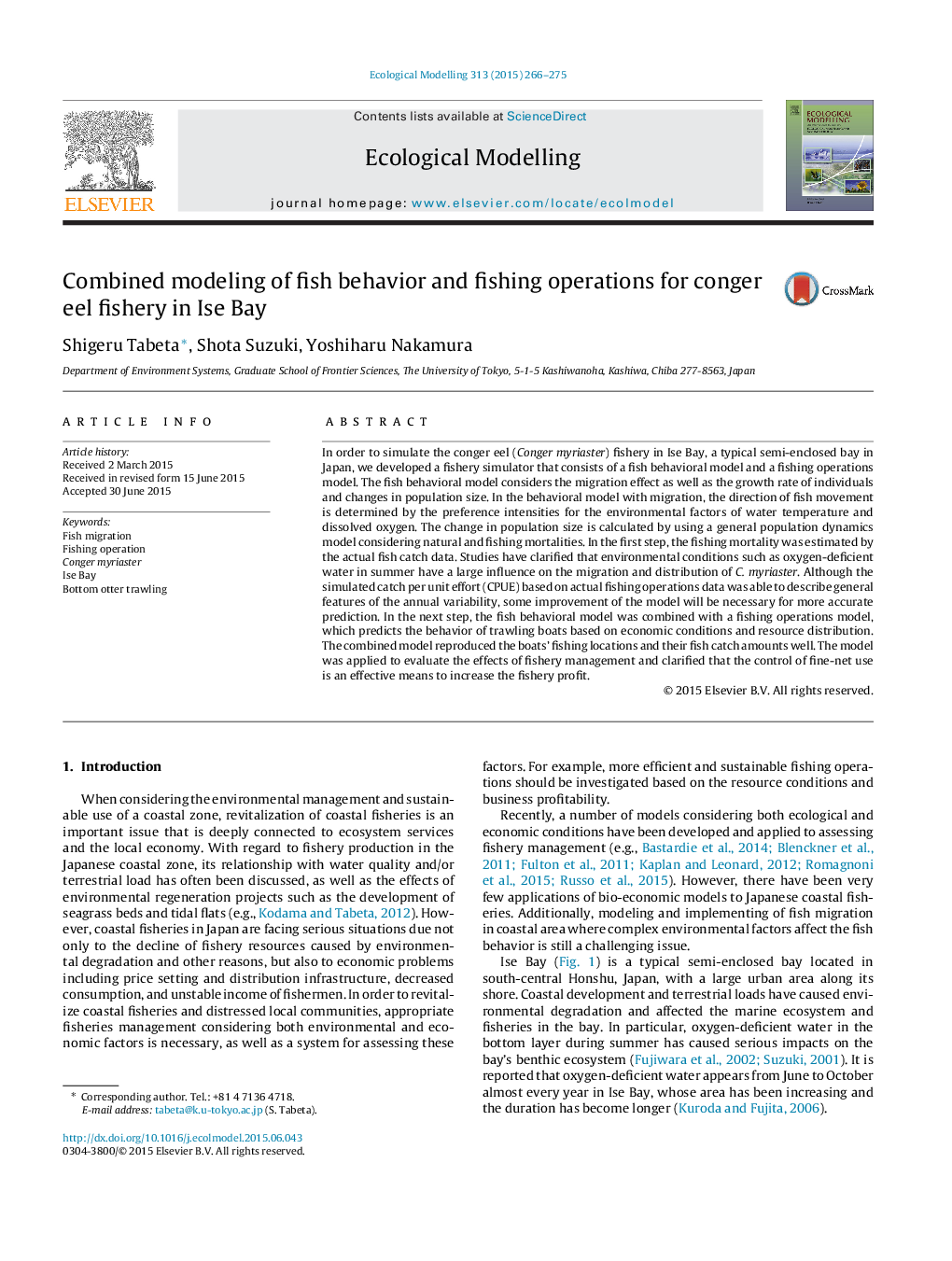 Combined modeling of fish behavior and fishing operations for conger eel fishery in Ise Bay